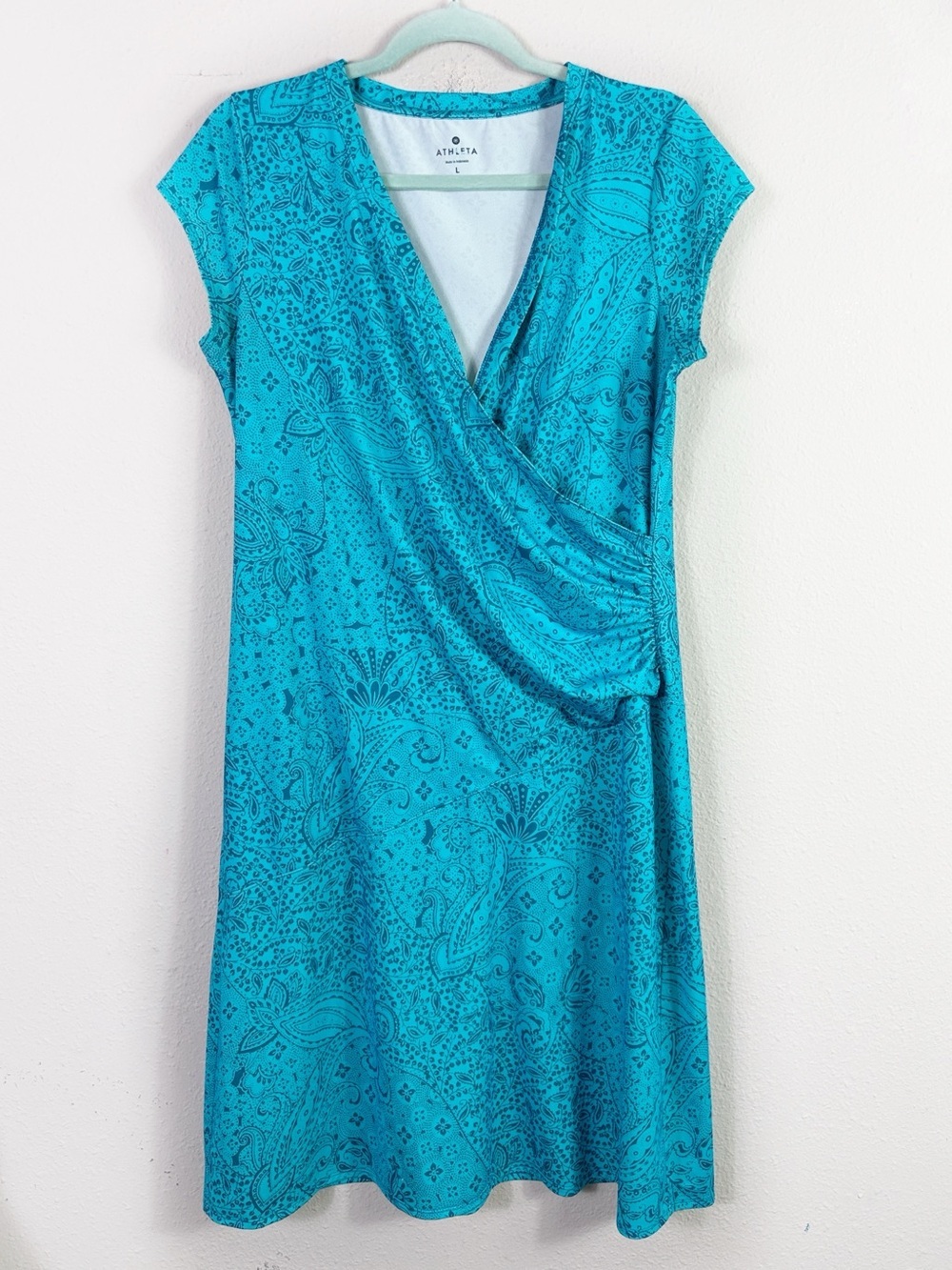 Athleta Teal Blue Paisley Ruched Stretch Dress size large